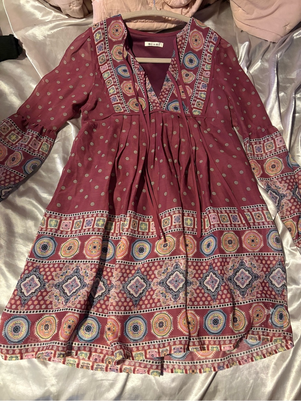 Mavi Long Sleeve Boho Tunic Dress in Dusty Rose with Multicolor Medallions